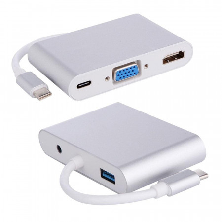 ADAPTADOR USB-C 5 EM 1 USB-C 3.1 HDMI VGA USB 3.0 AUDIO P2 JC-TYC-501